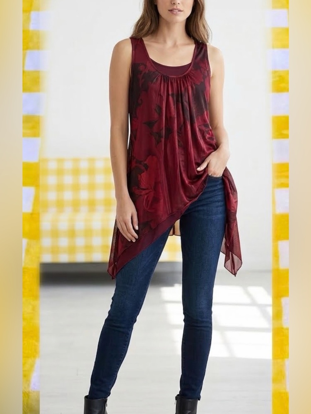 Burgundy Red Sheer Floral-Print Sleeveless Tunic Top